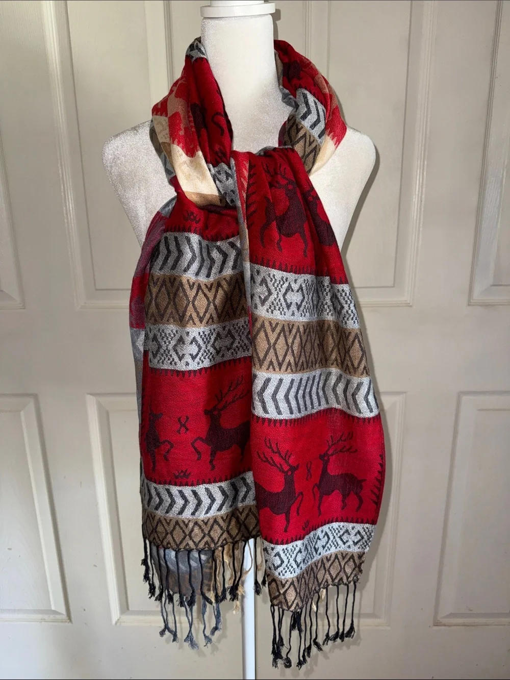 Cashmere And Silk Woven Stag Fringed Scarf